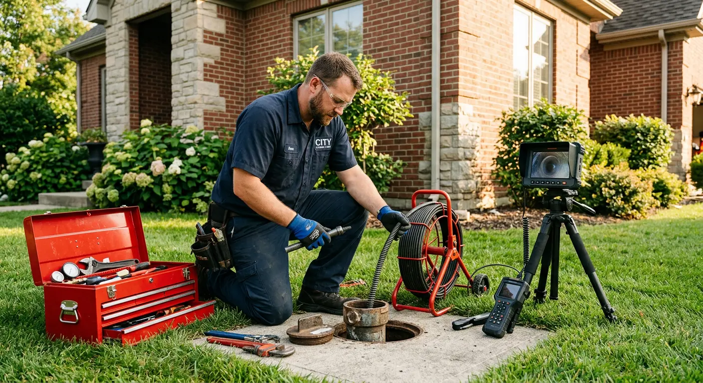 Sewer specialist with camera equipment servicing a cleanout in Talent
