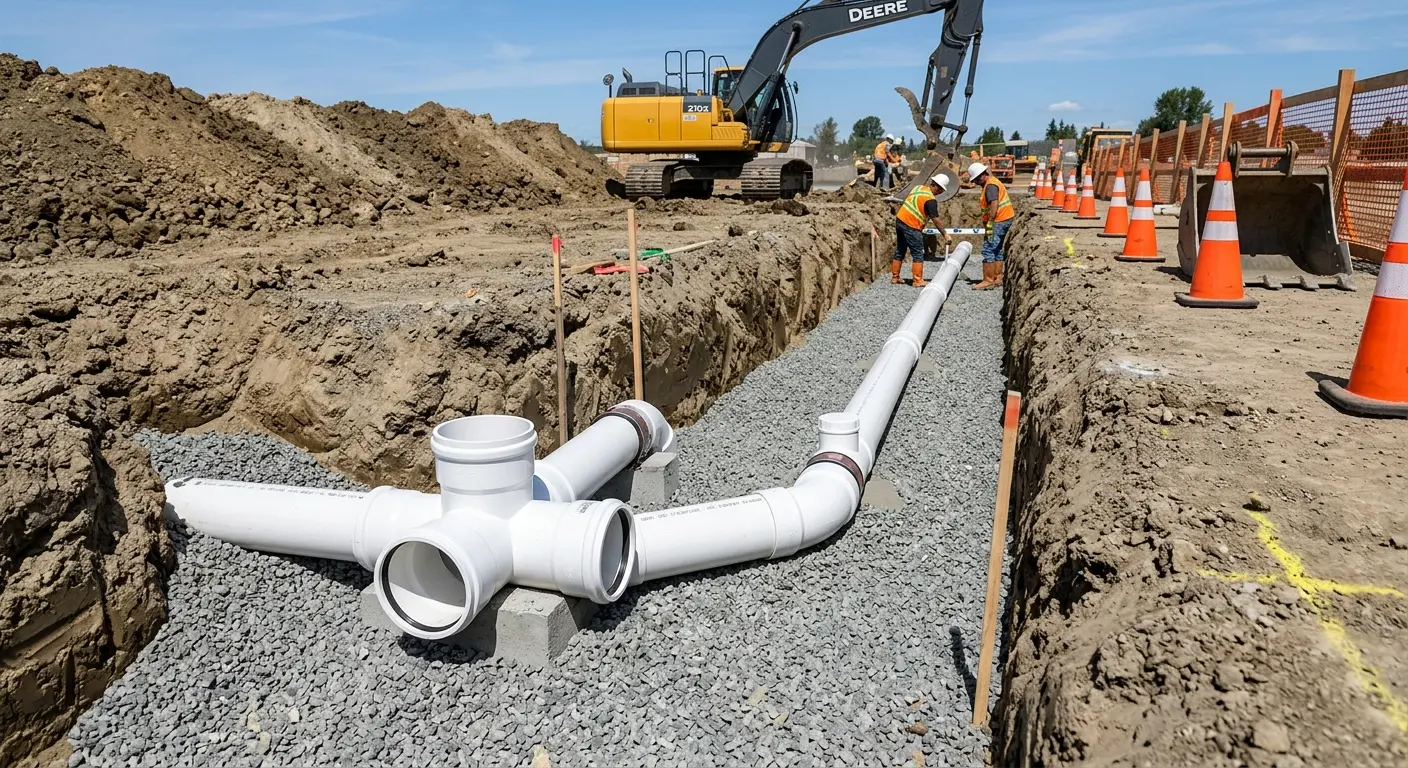 New PVC sewer pipe installation in open trench for Sewer Backup in Talent