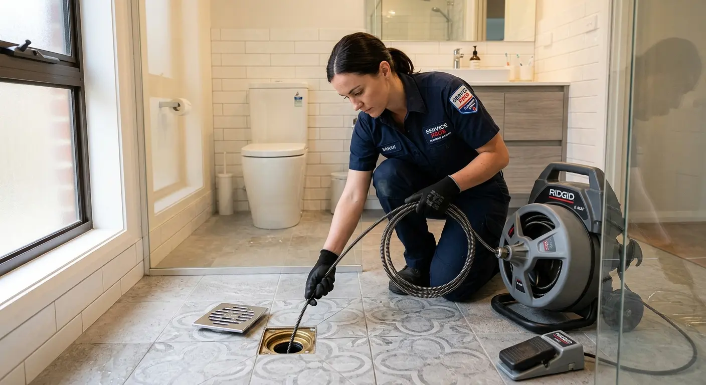 Technician clearing a bathroom floor drain for Drain Cleaning in Talent